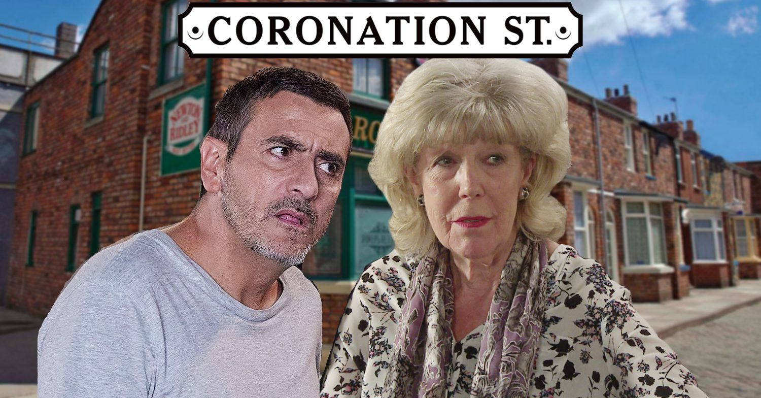 Coronation Street's Peter, Audrey, the Coronation Street logo and background of the Rovers