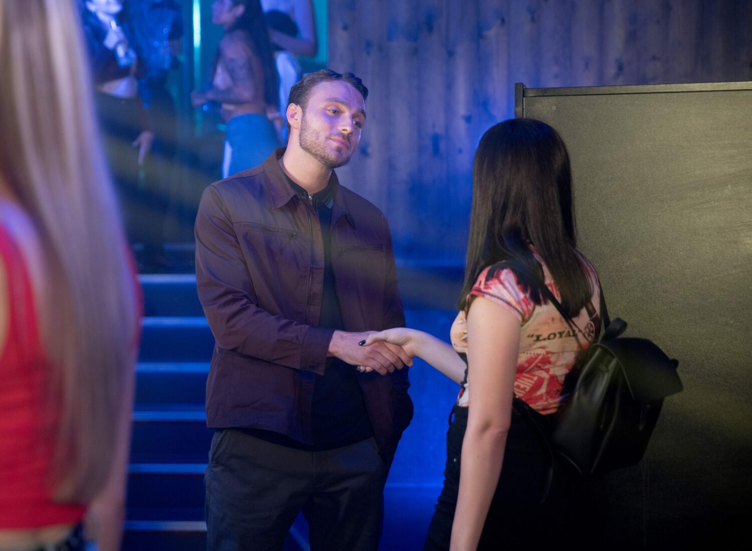 Amy in Coronation Street shakes Dan's hand flirtatiously 
