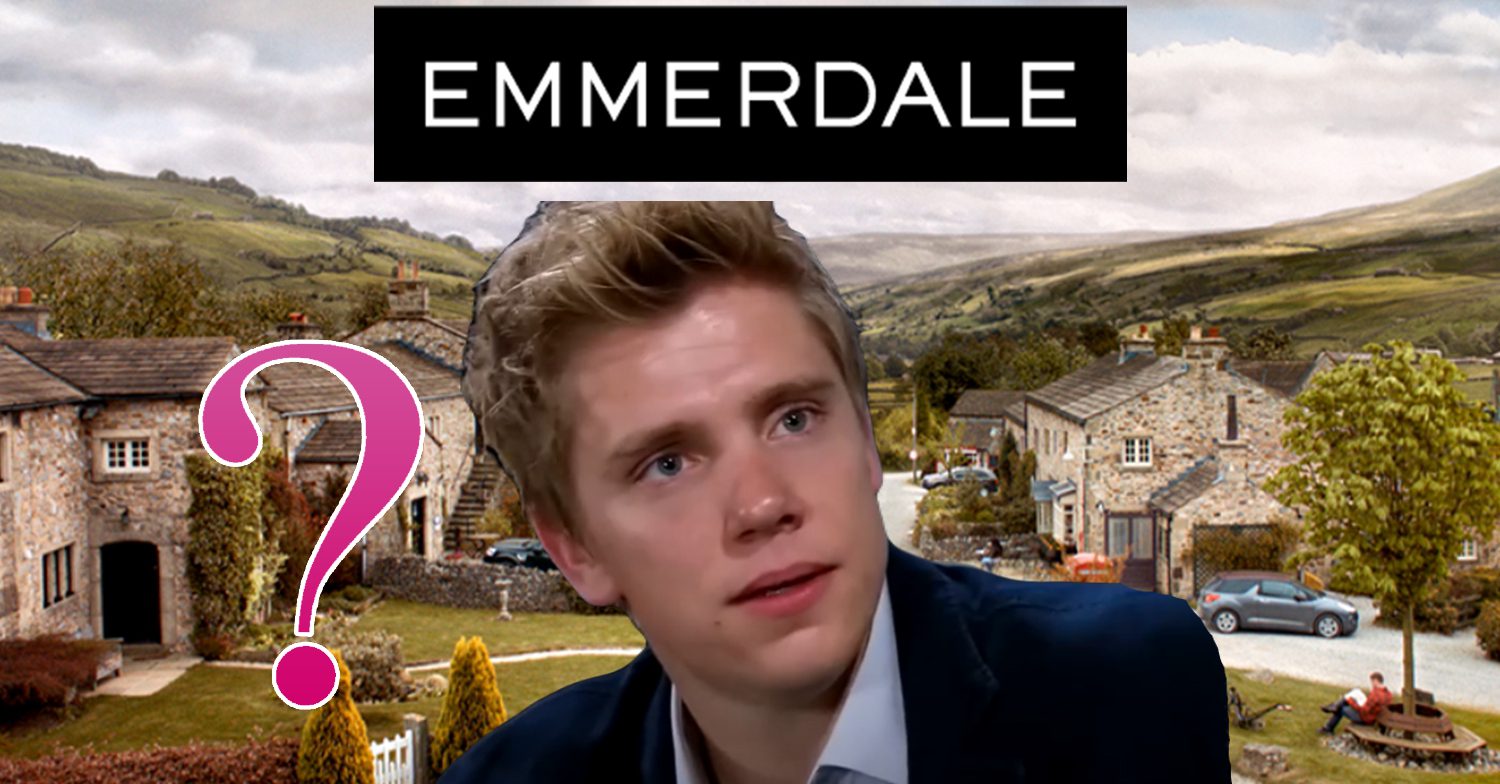 Emmerdale's Robert, a pink question mark, the Emmerdale logo and background of the Dales
