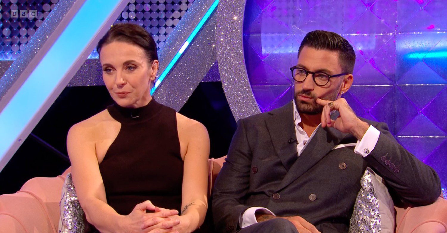 Amanda Abbington sat next to her Strictly Come Dancing professional dance partner Giovanni Pernice talking