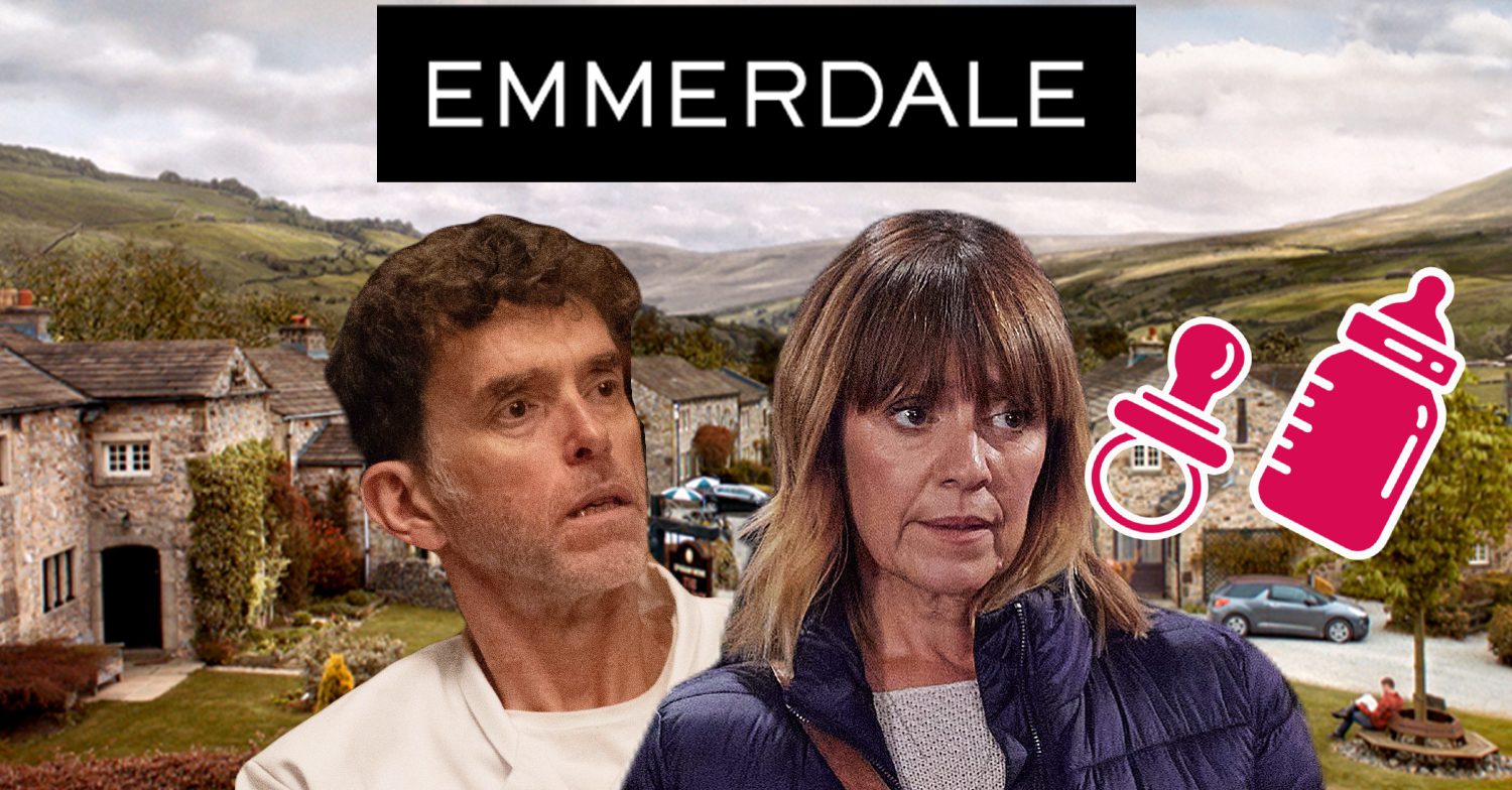 Emmerdale's Marlon, Rhona, a pink baby bottle and dummy, the Emmerdale logo and background of the Dales