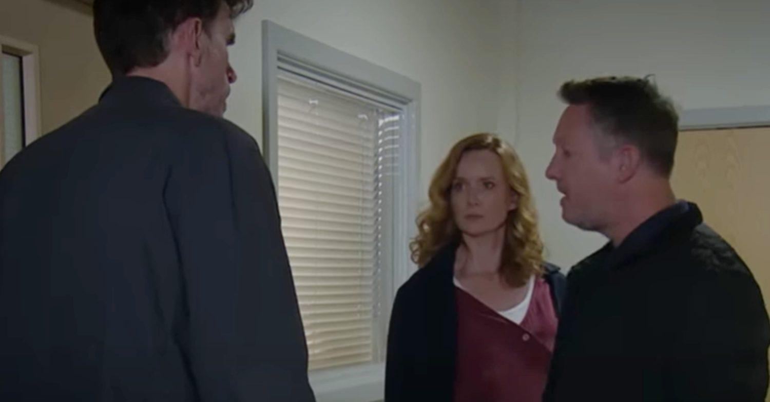 Emmerdale's Lucy, Gus and Marlon are talking at the hospital (Credit: ITV)