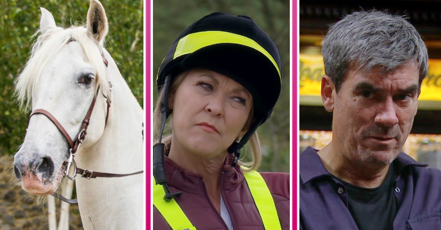 Emmerdale comp image: A white horse, Kim Tate and Cain Dingle