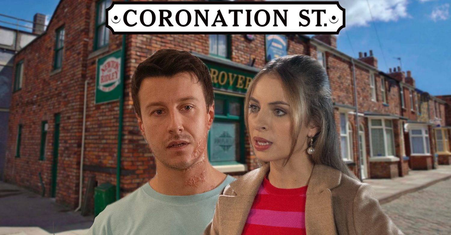 Coronation Street's Ryan, Daisy, the Coronation Street logo and background of the Rovers