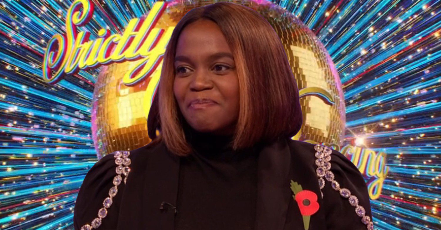 Oti Mabuse in front of Strictly title card