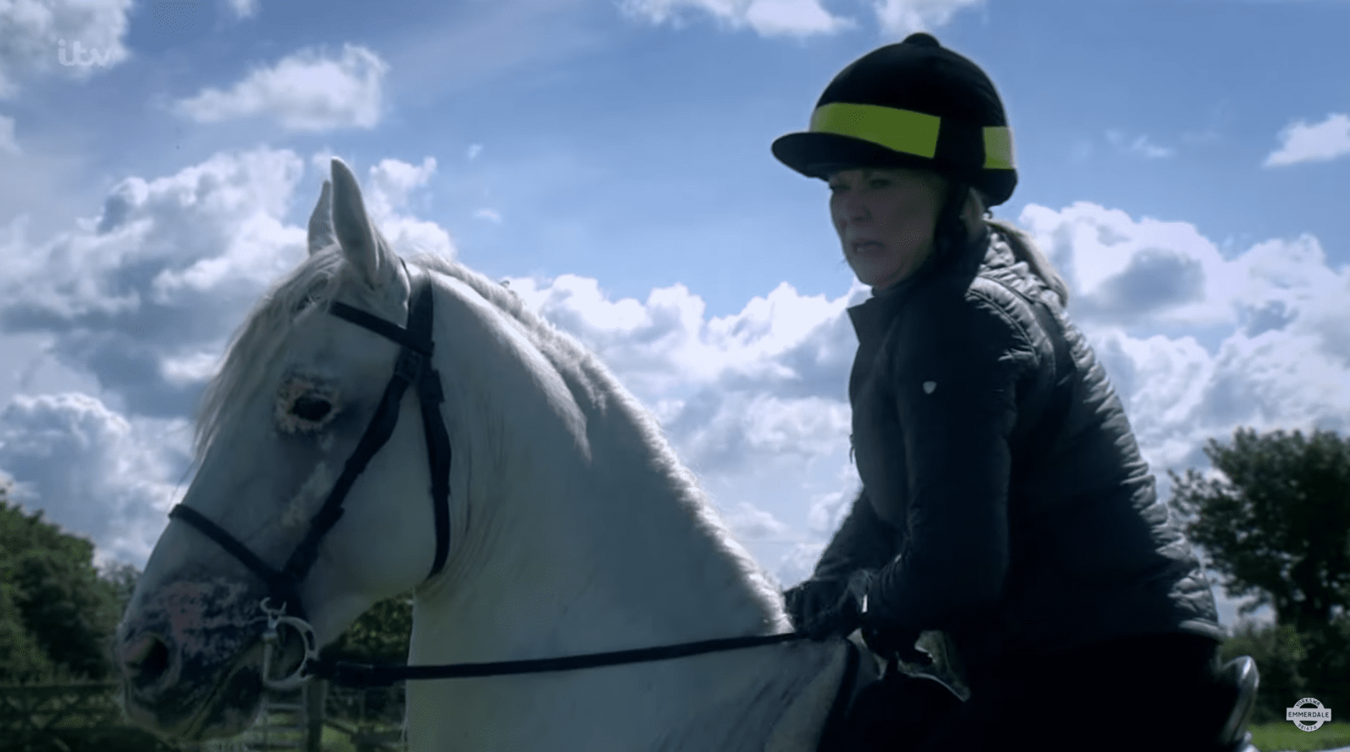 Kim in Emmerdale on her horse Ice looking worried