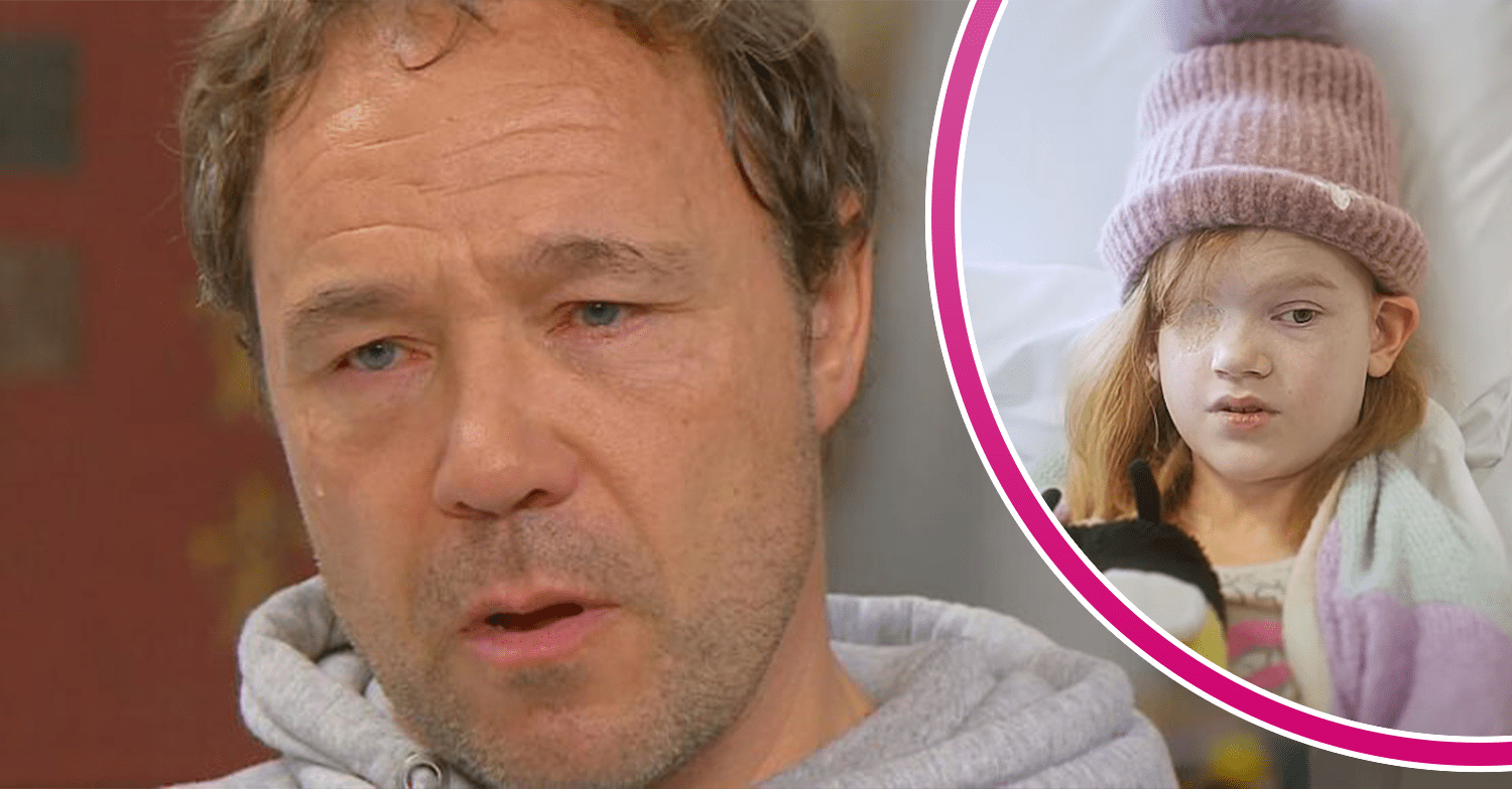 Stephen Graham crying and a little girl in a hat inset