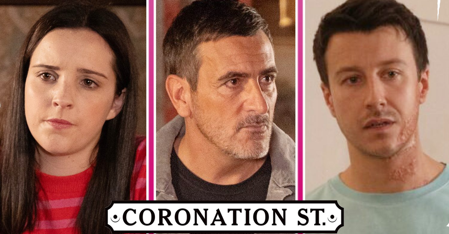 Coronation Street's Amy, Peter and Ryan, the Coronation Street logo