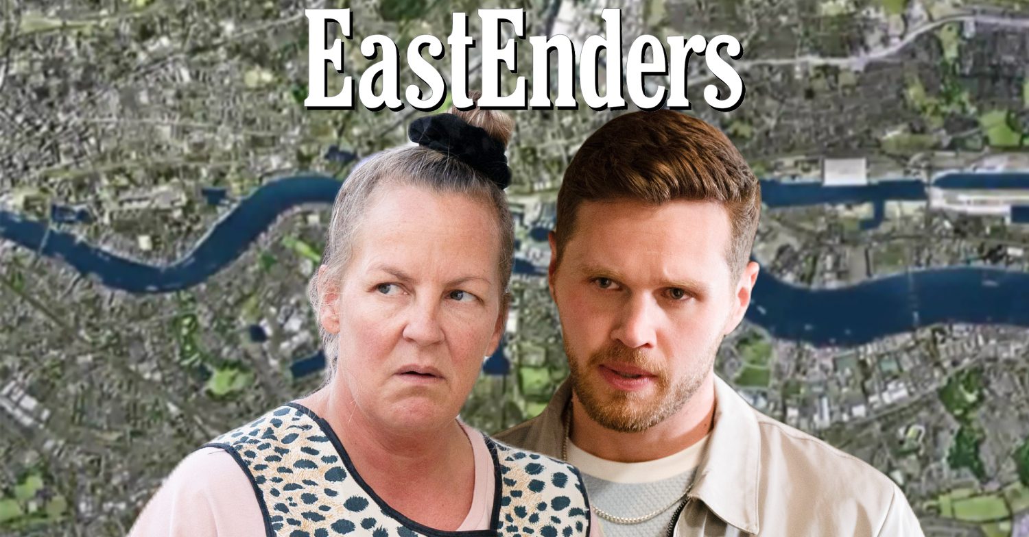 EastEnders' Karen, Keanu, the EastEnders logo and background of the Thames