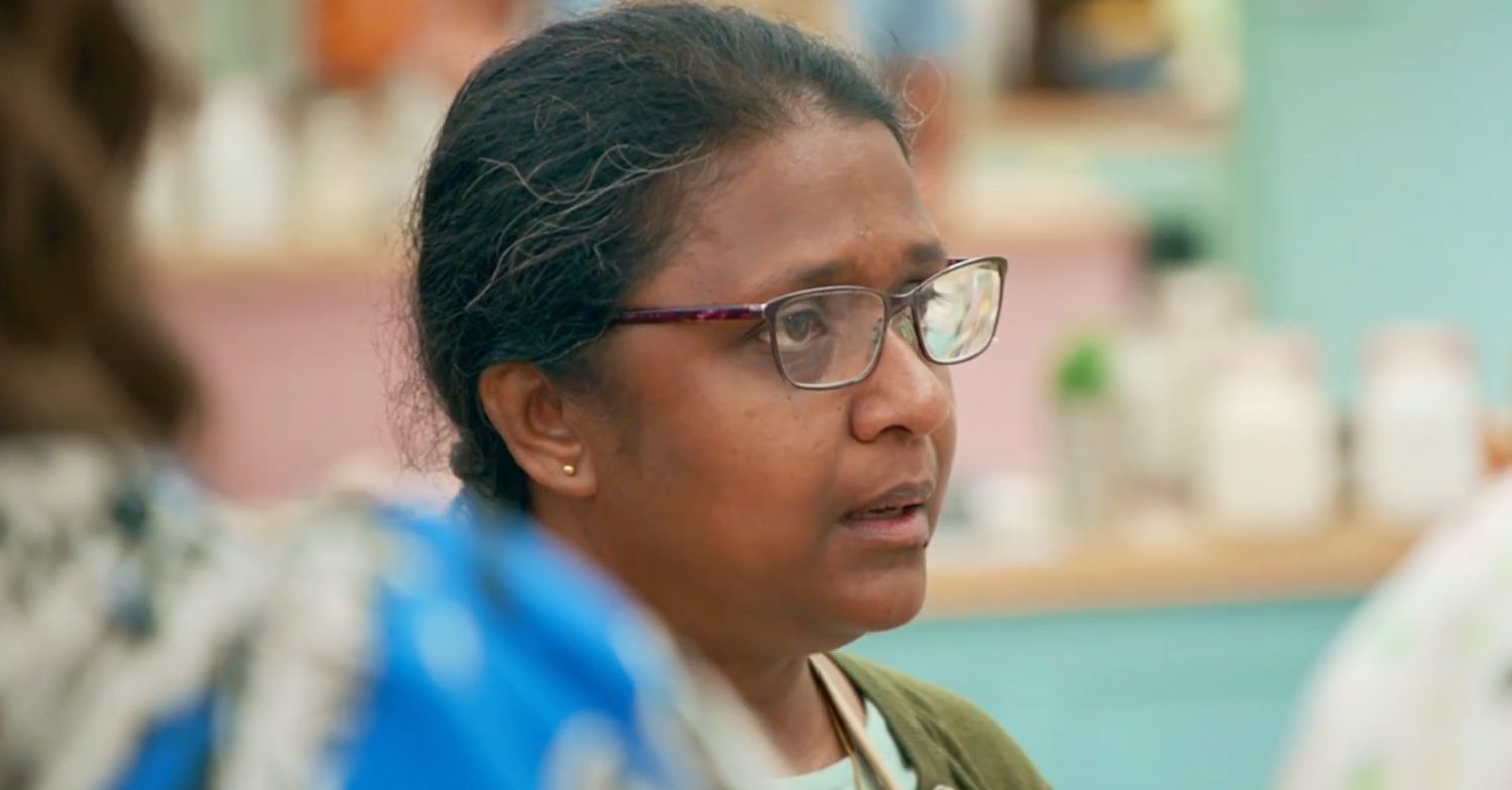 Saku looks upset as she's eliminated from the Great British Bake Off