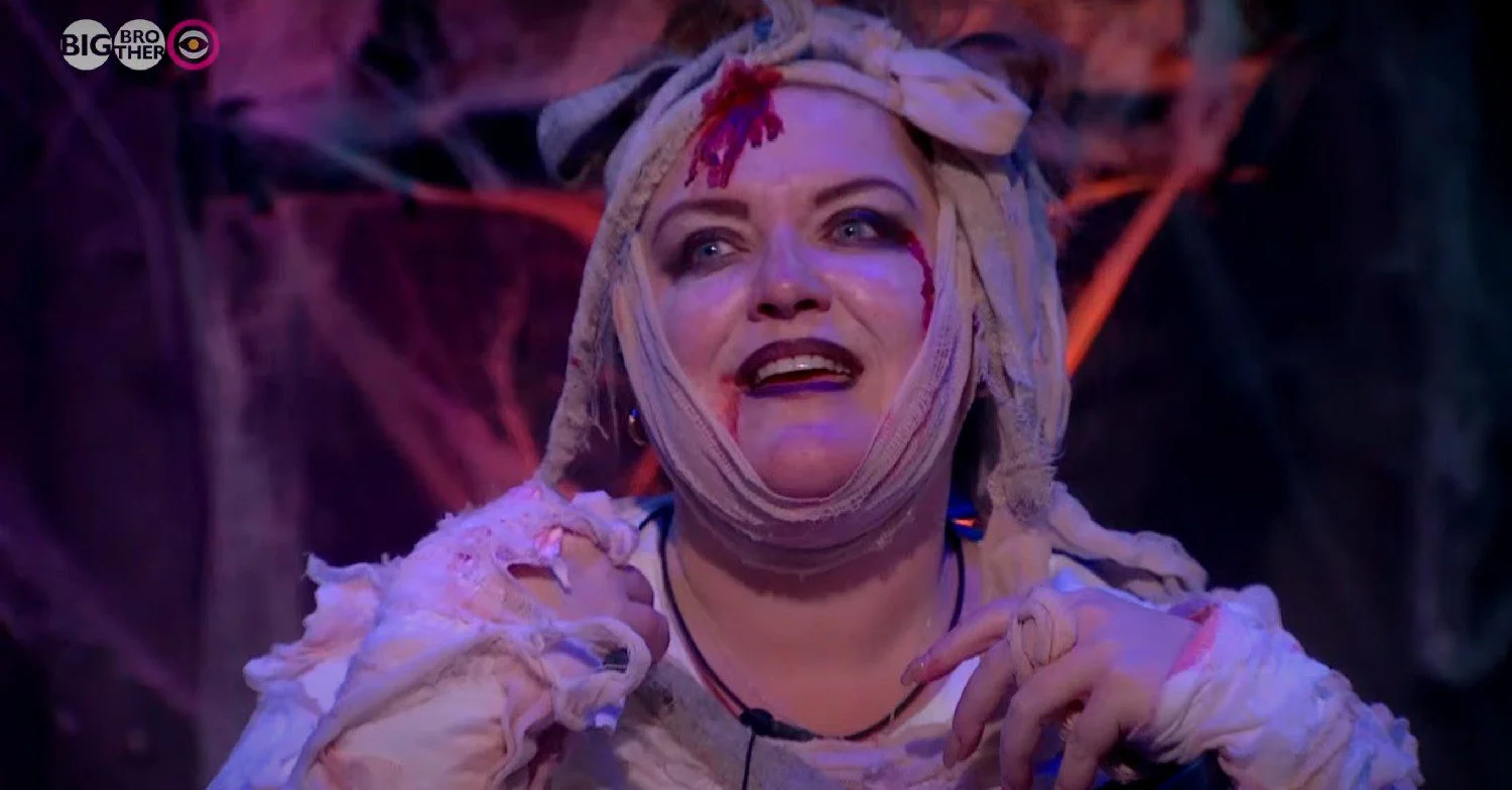 Kerry dressed as a mummy on Big Brother