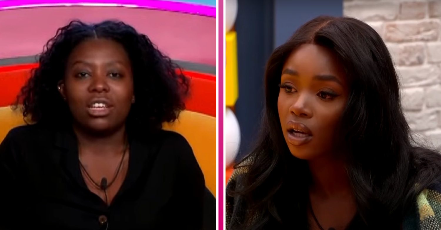 Trish speaking to camera / Noky looking concerned on Big Brother