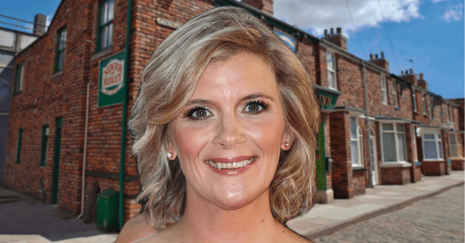 Coronation Street: Jane Danson smiles on the background of the Corrie set comp image