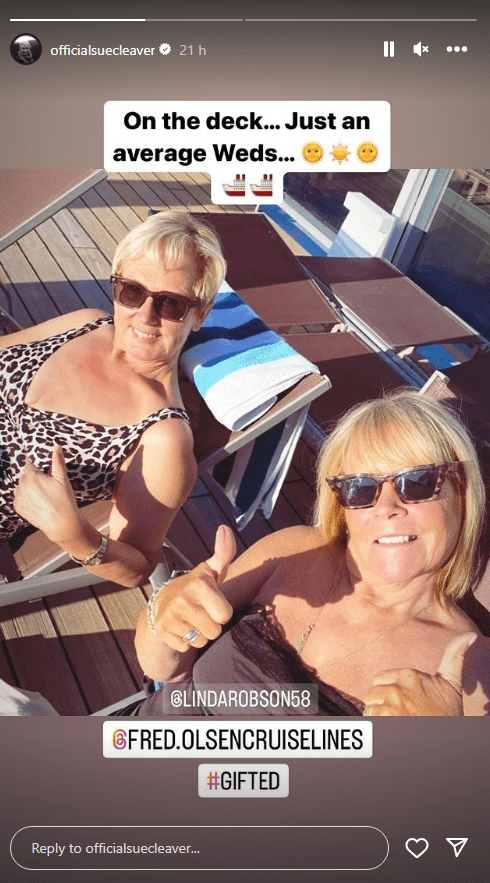 Sue Cleaver's Instagram story showing her on a cruise with Linda Robson