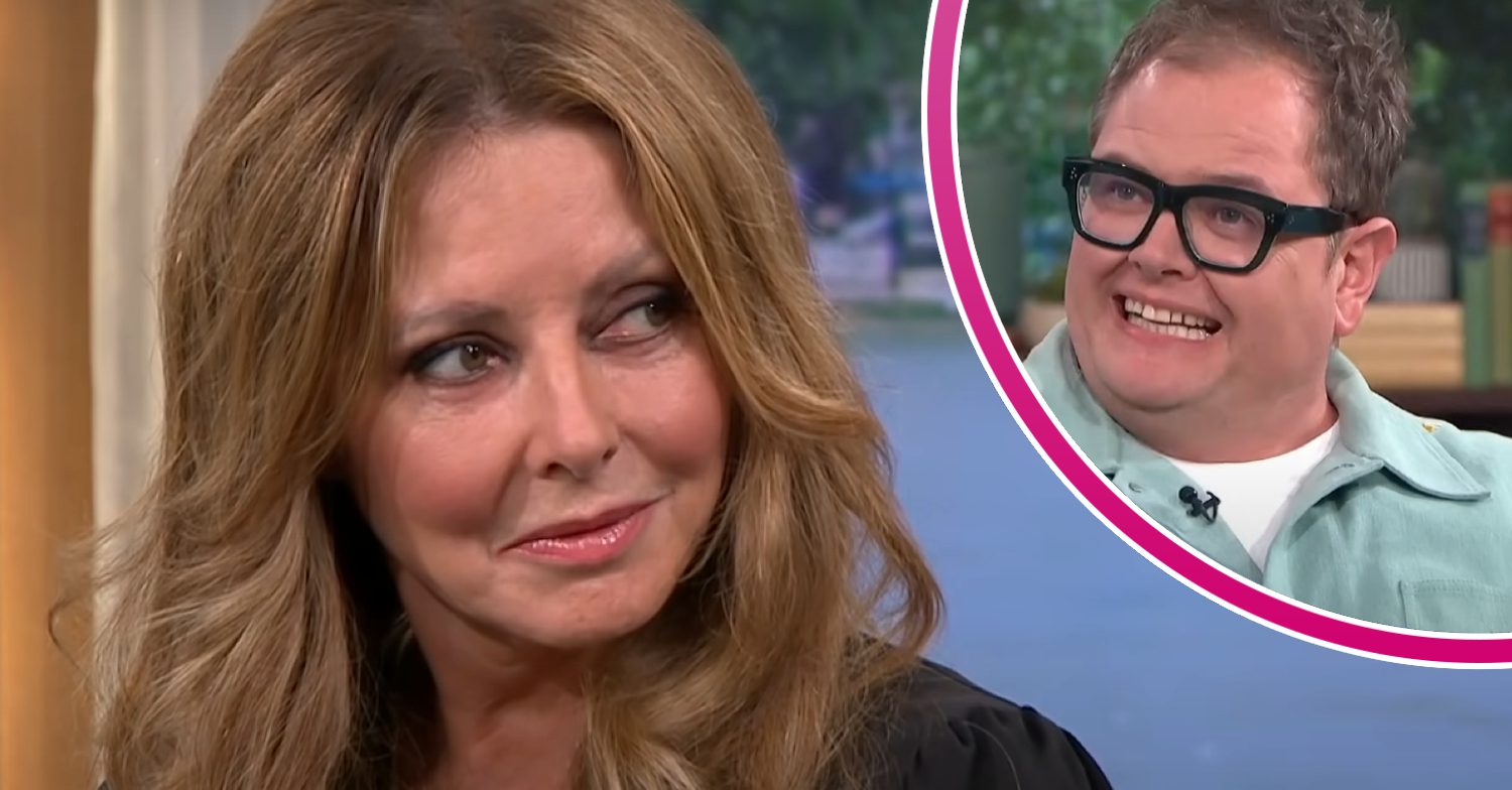 Carol Vorderman looking to the right and Alan Carr smiling