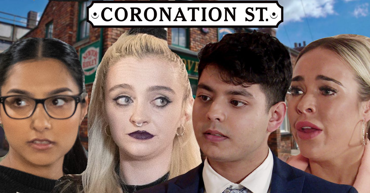 Coronation Street's Asha, Nina, Aadi, Courtney, the Coronation Street logo and background of the Rovers