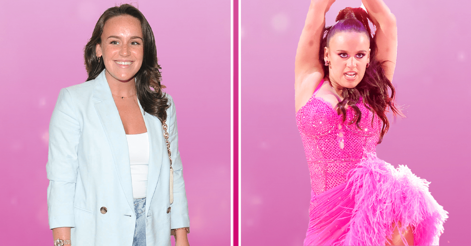 Two images of Ellie Leach smiling against a pink backdrop
