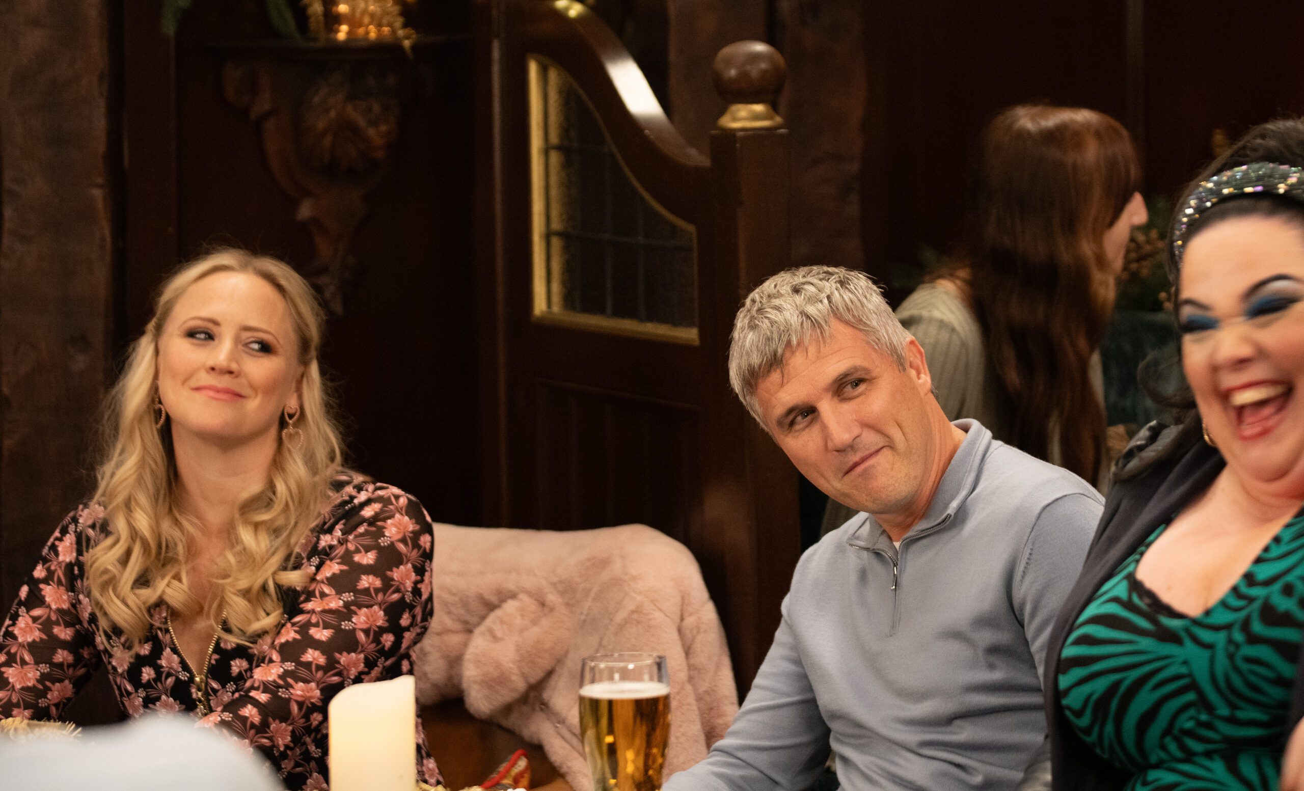 Tracy, Caleb and Mandy in Emmerdale laugh