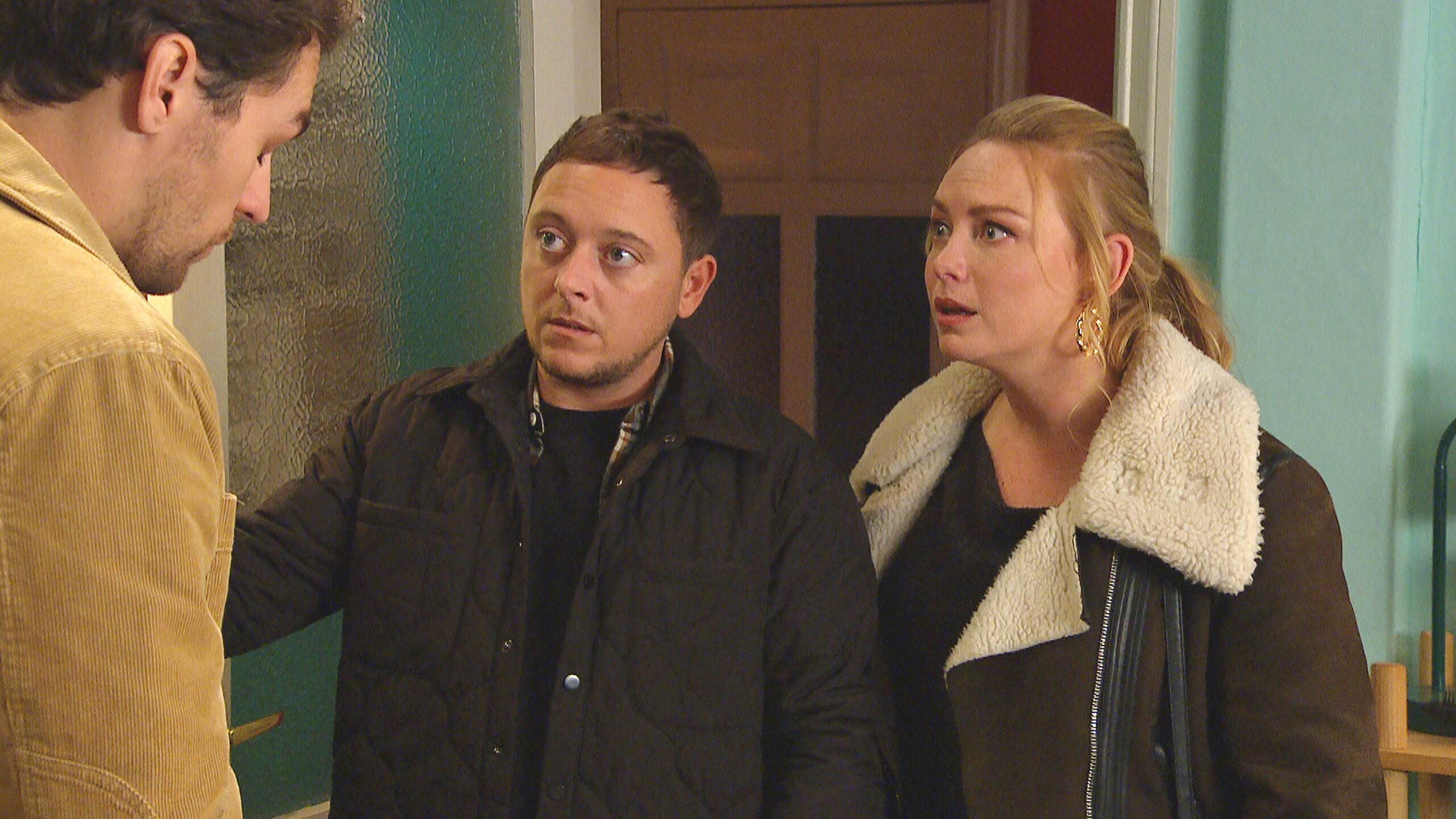 Matty and Amy in Emmerdale look annoyed with Mack