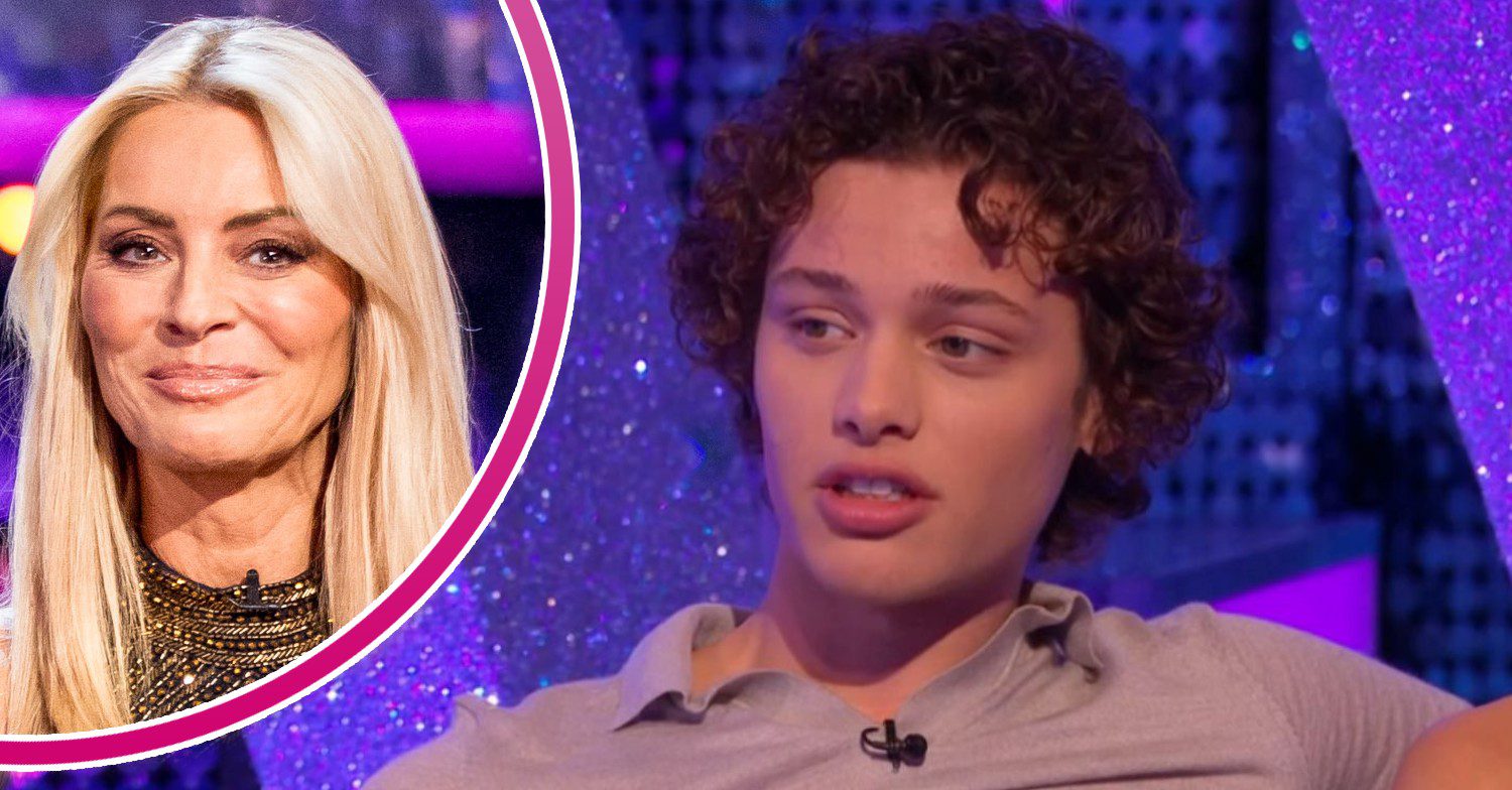 Bobby Brazier looking to his right / Tess Daly smiling in front