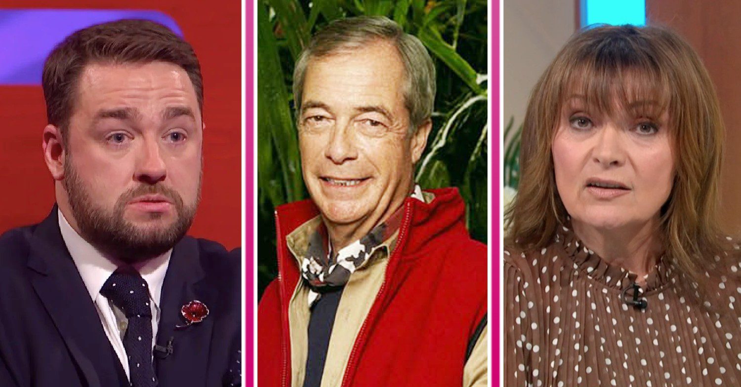 Composite image of Jason Manford, Lorraine Kelly and Nigel Farage; he looks smug, they're angry (Credit: ITV/YouTube/Composite: ED!)