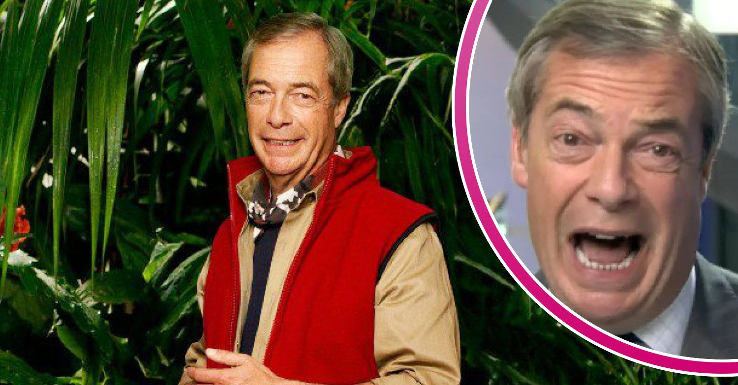 Nigel Farage in a jungle publicity shot; inset, in an interview (Credit: ITV/YouTube/Composite: ED!)