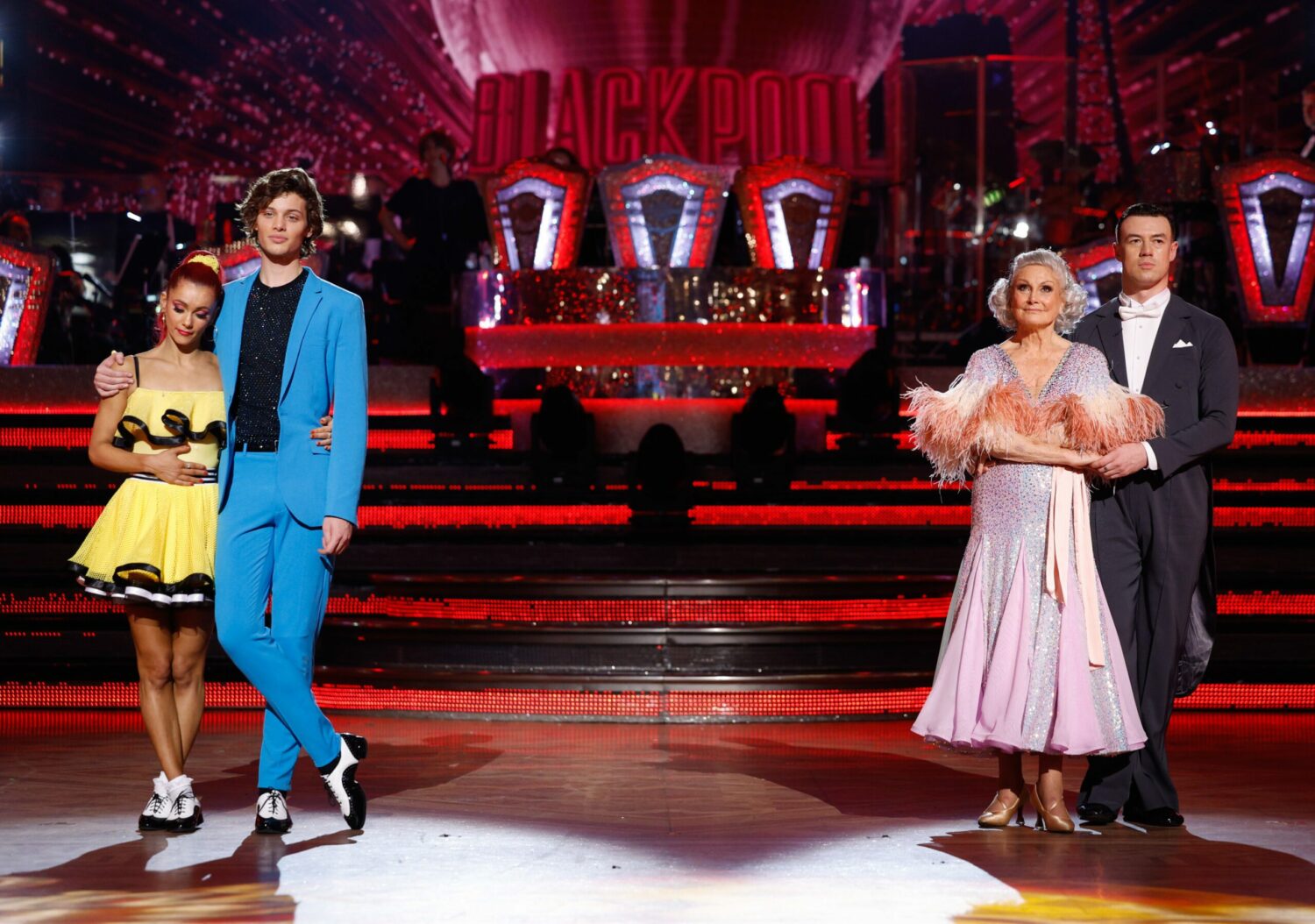 Dianne Buswell, Bobby Brazier, Angela Rippon and Kai Widdrington wait for the dance off result