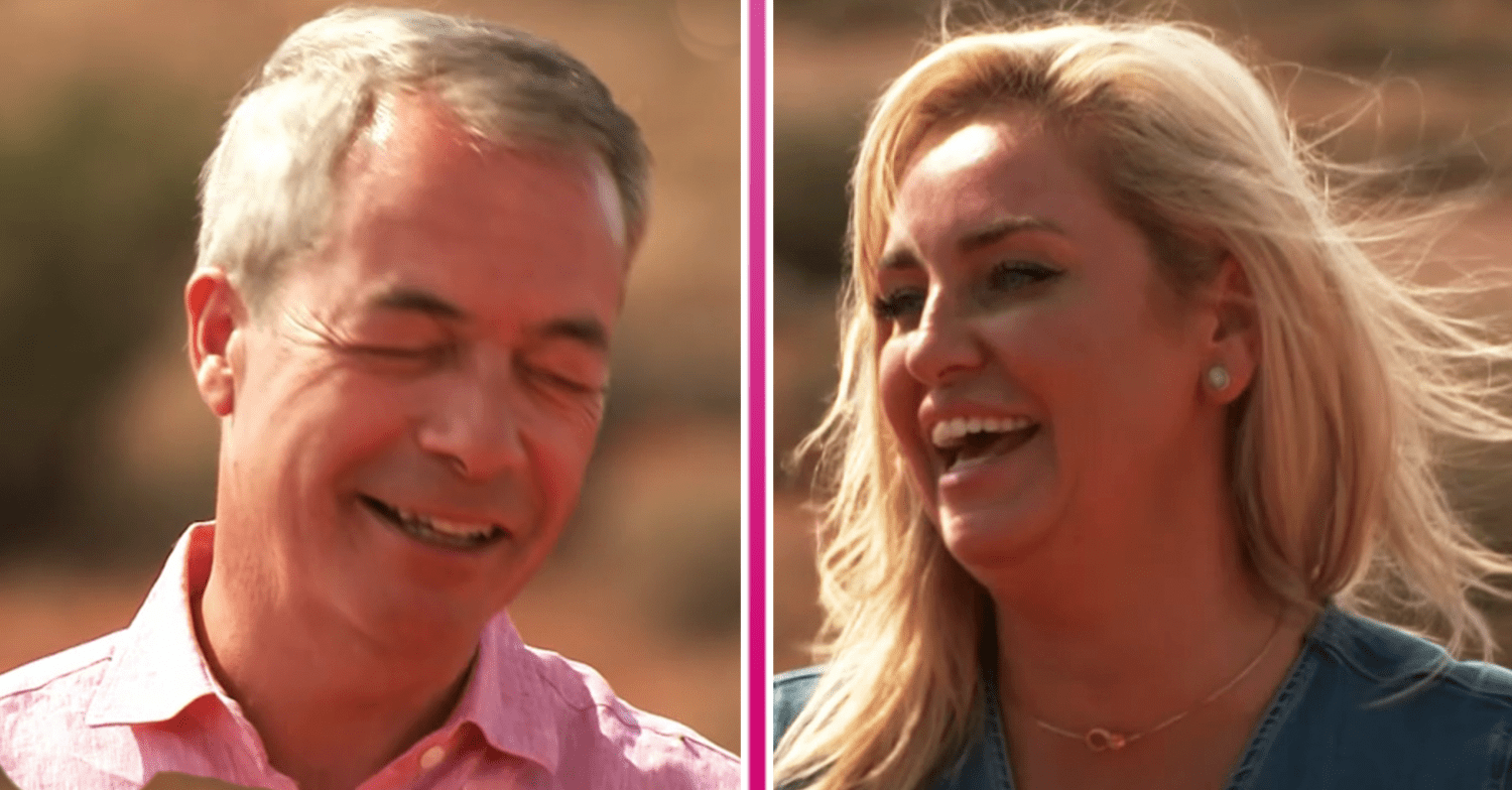 Nigel Farage and Josie Gibson from I'm A Celebrity smiling