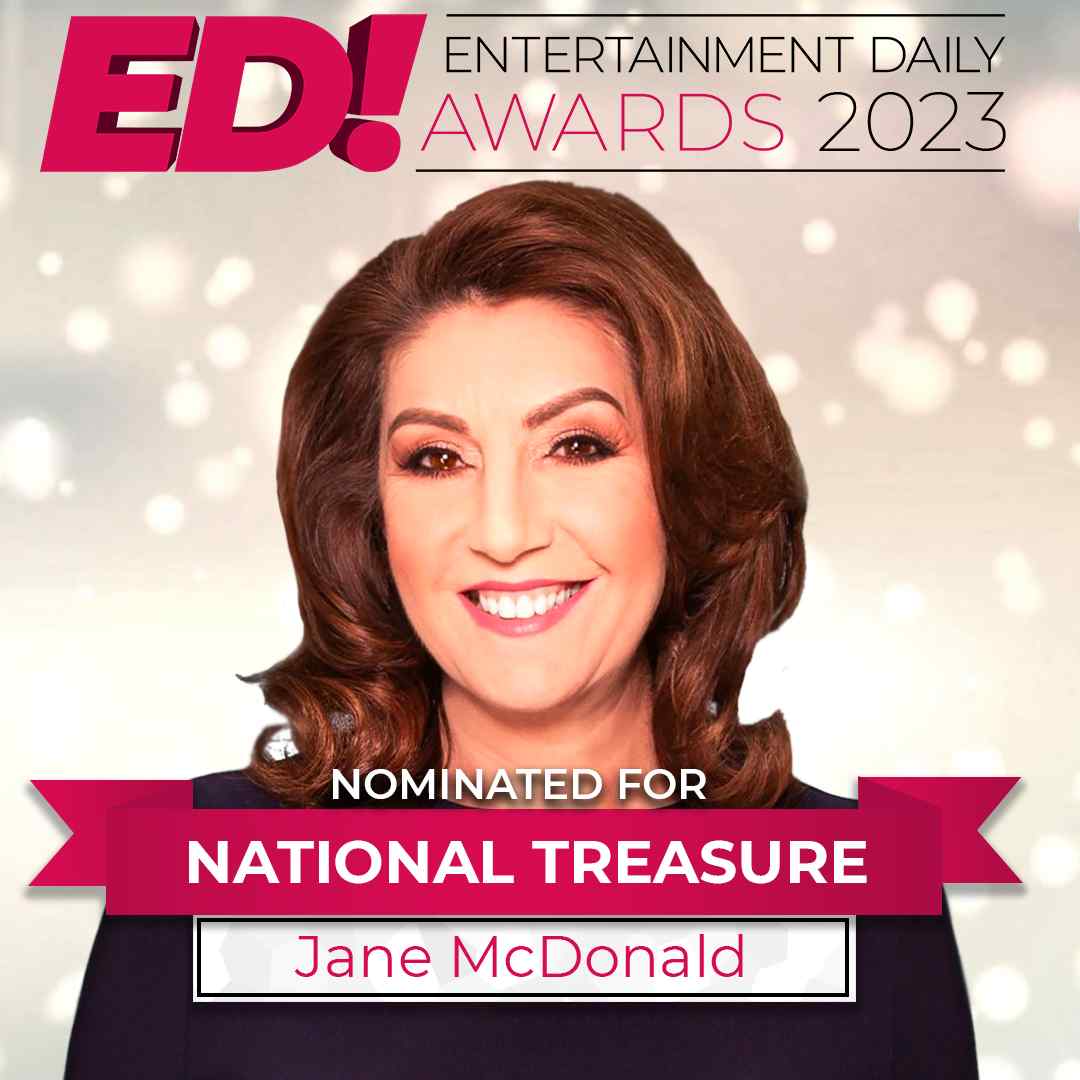 Jane McDonald smiling against a glittery background