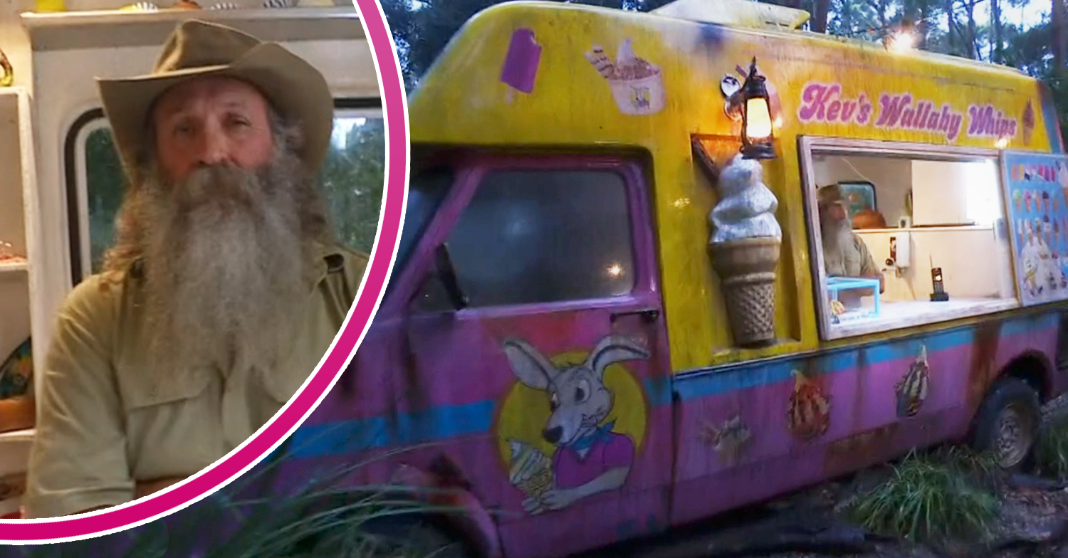 Dirty ice cram van in the I'm A Celebrity jungle and Kiosk Kev inset