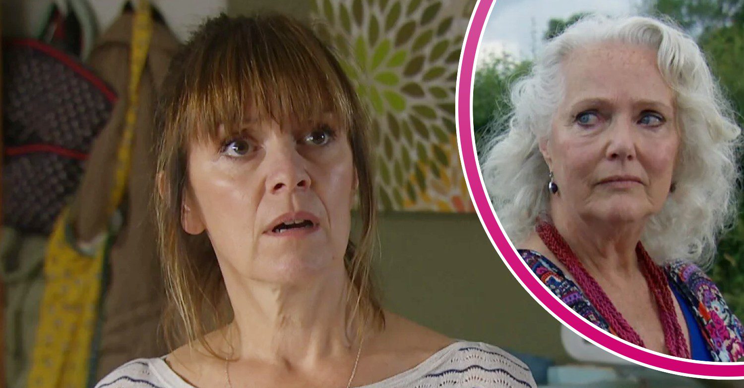 Rhona looking shocked on Emmerdale; inset, Mary looks stern (Credit: ITV/Composite: ED!)