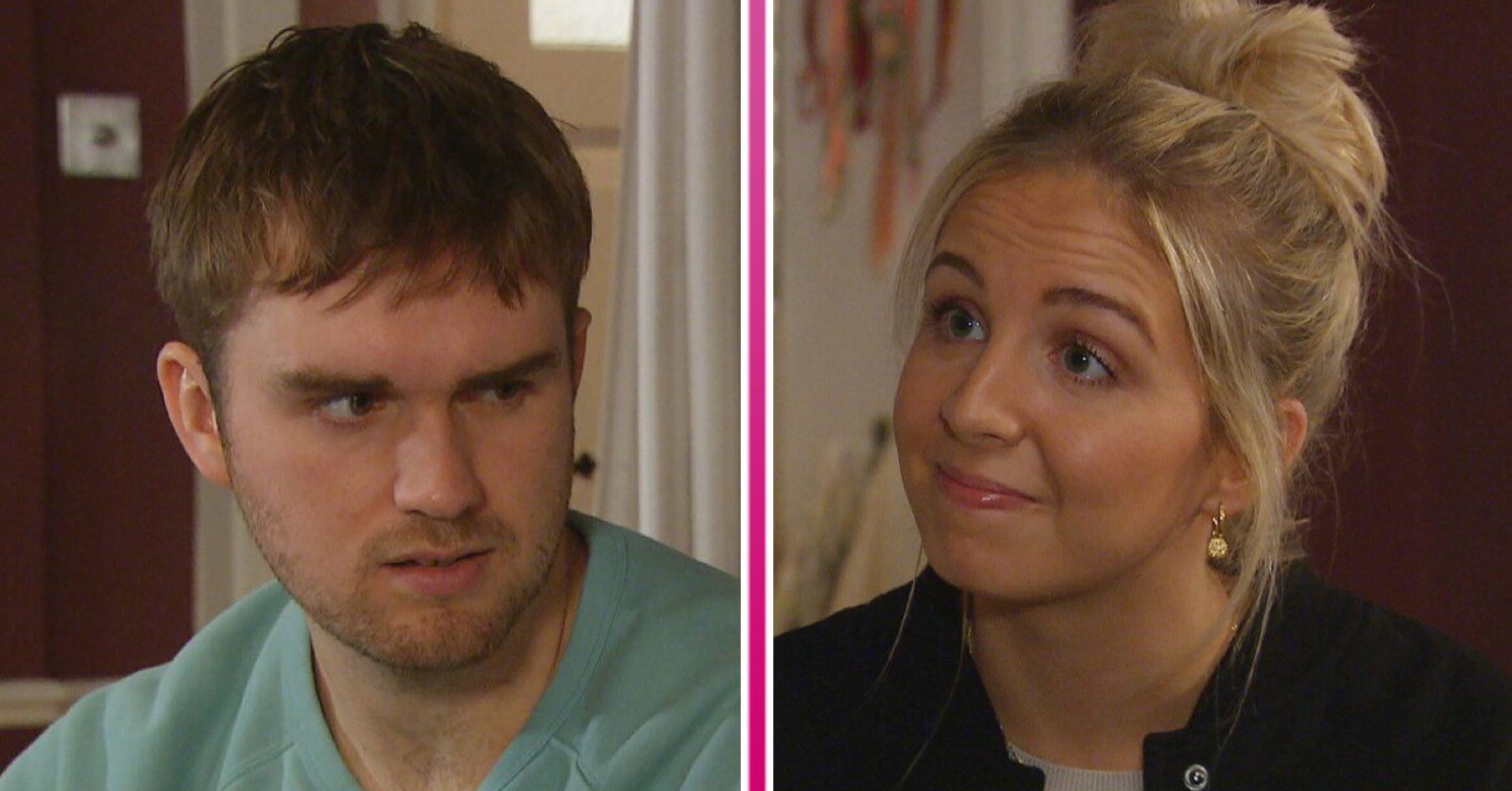 Composite of Belle and Tom on Emmerdale - she's smiling, he looks annoyed (Credit: ITV/Composite: ED!)