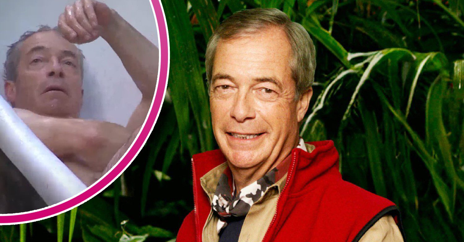 Nigel Farage in an I'm A Celebrity publicity pic; inset, taking a shower (Credit: ITV/Composite: ED!)