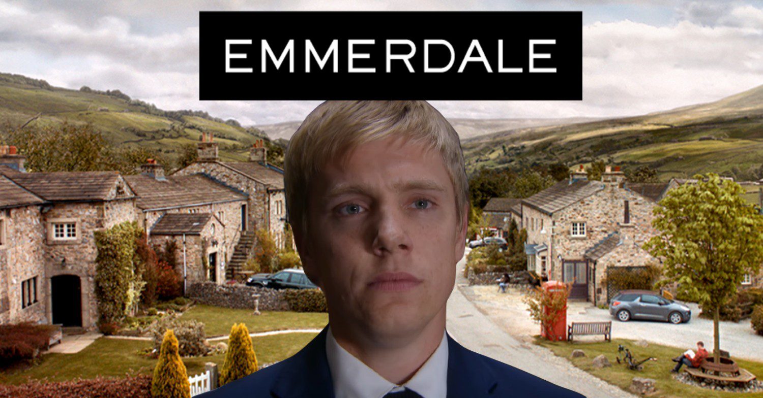 Robert looking sad on Emmerdale against logo and background (Credit: ITV/Composite: ED!)