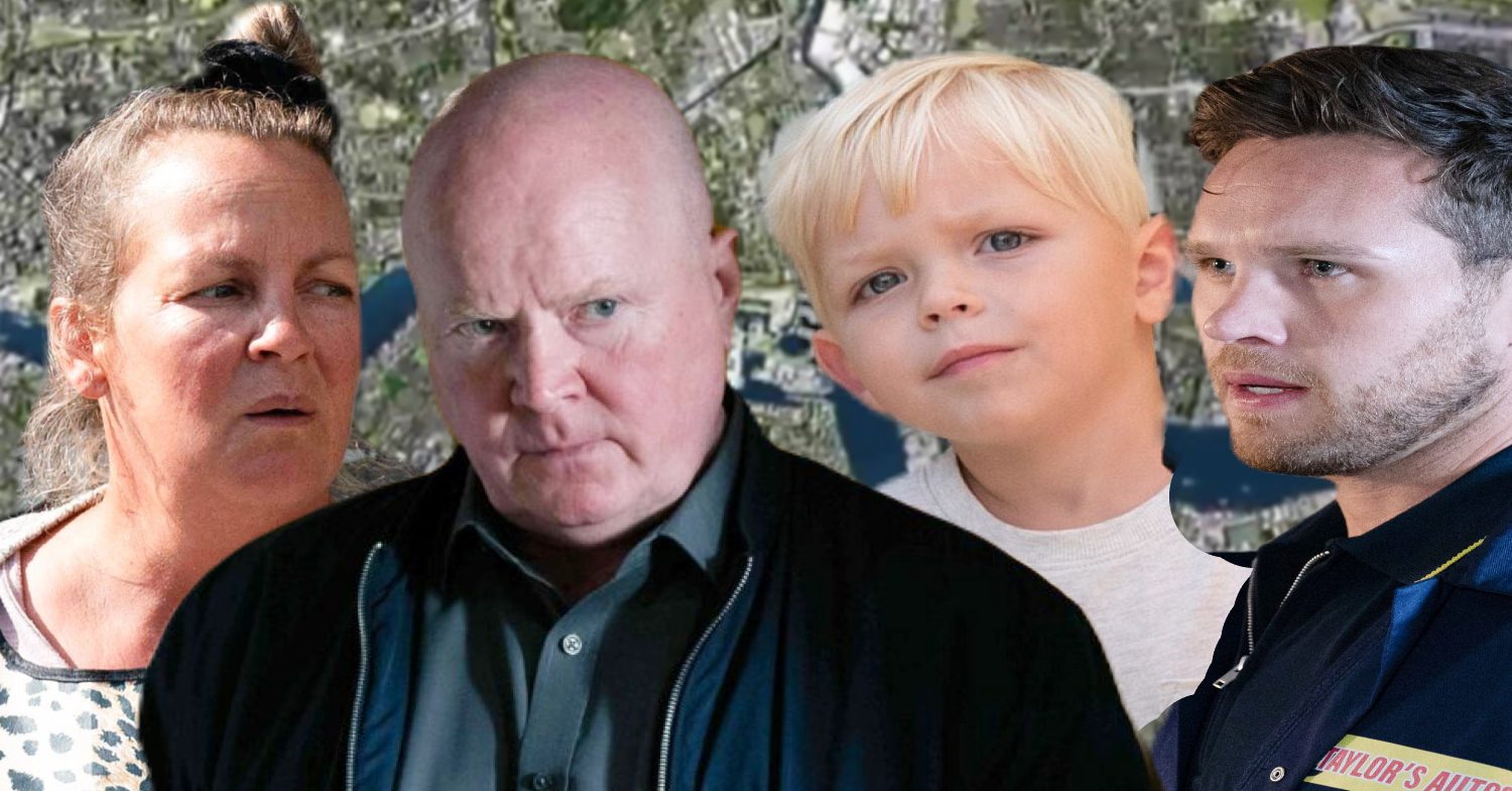 EastEnders; Phil, Albie, Karen, Keanu, the background of the Thames