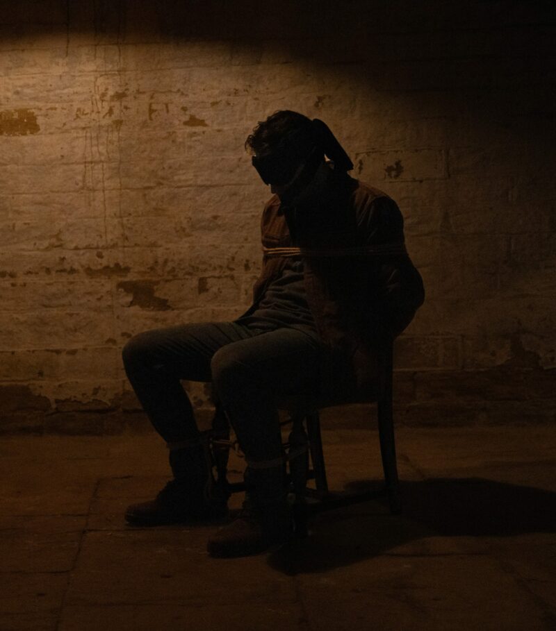 Mack tied to a chair on Emmerdale