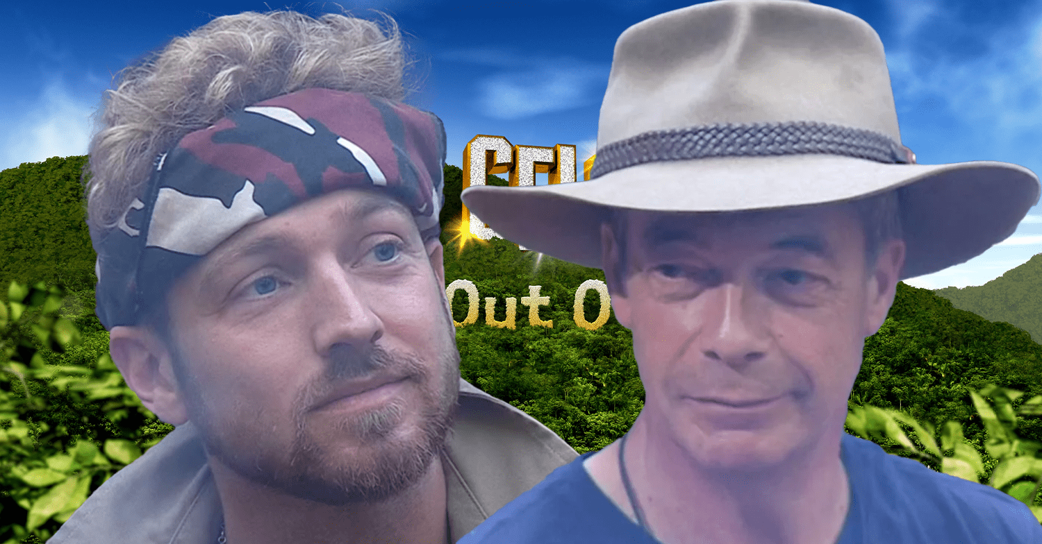 Sam Thompson and Nigel Farage against the I'm A Celebrity backdrop