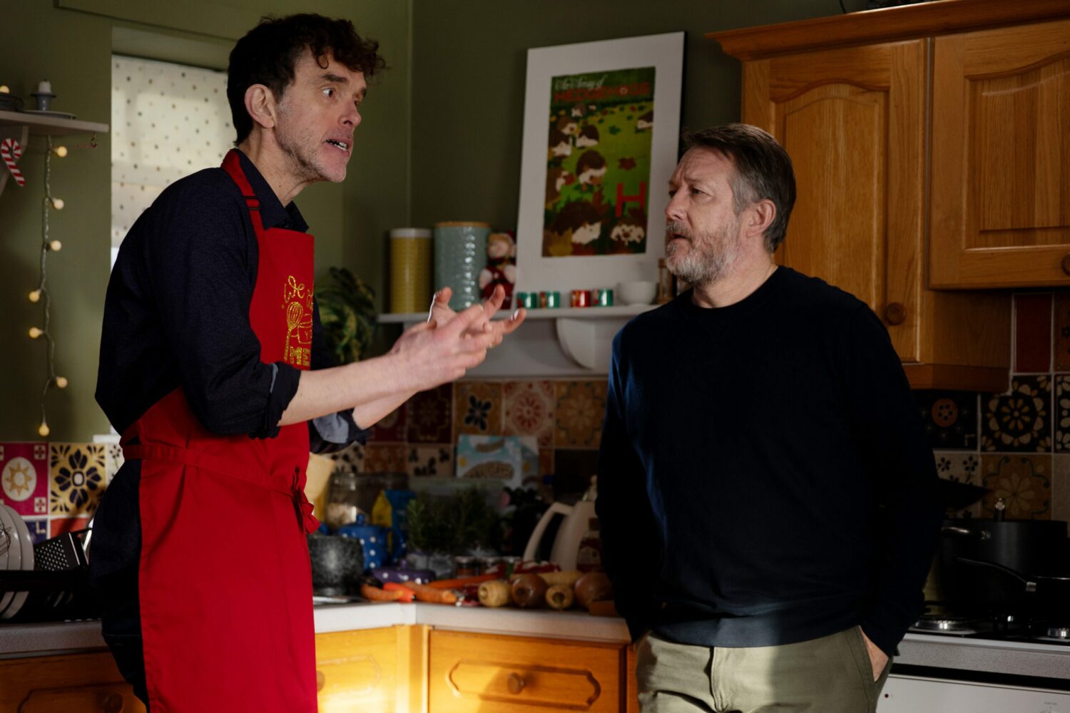 Emmerdale's Marlon and Gus are arguing in the kitchen