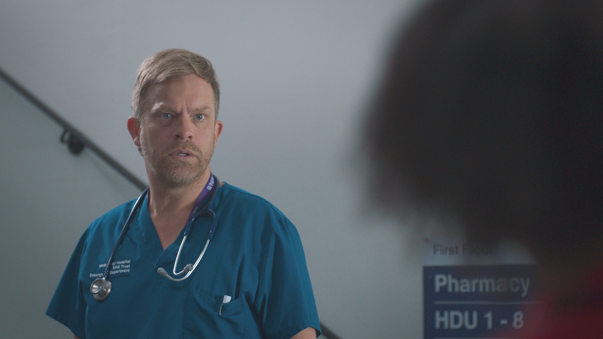 Dylan Keogh on Casualty looks confused