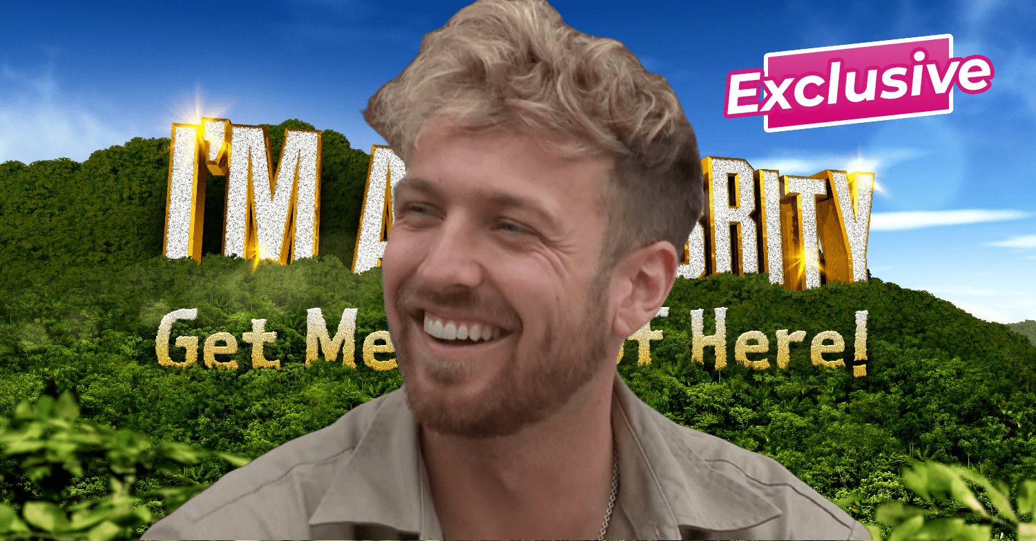 Sam Thompson smiling / I'm A Celebrity logo