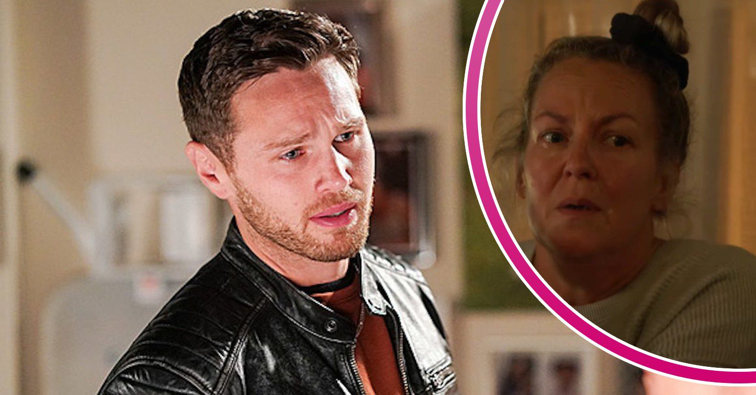 Keanu looking pained on EastEnders; inset, Sharon looks scared (Credit: BBC/Composite: ED!)