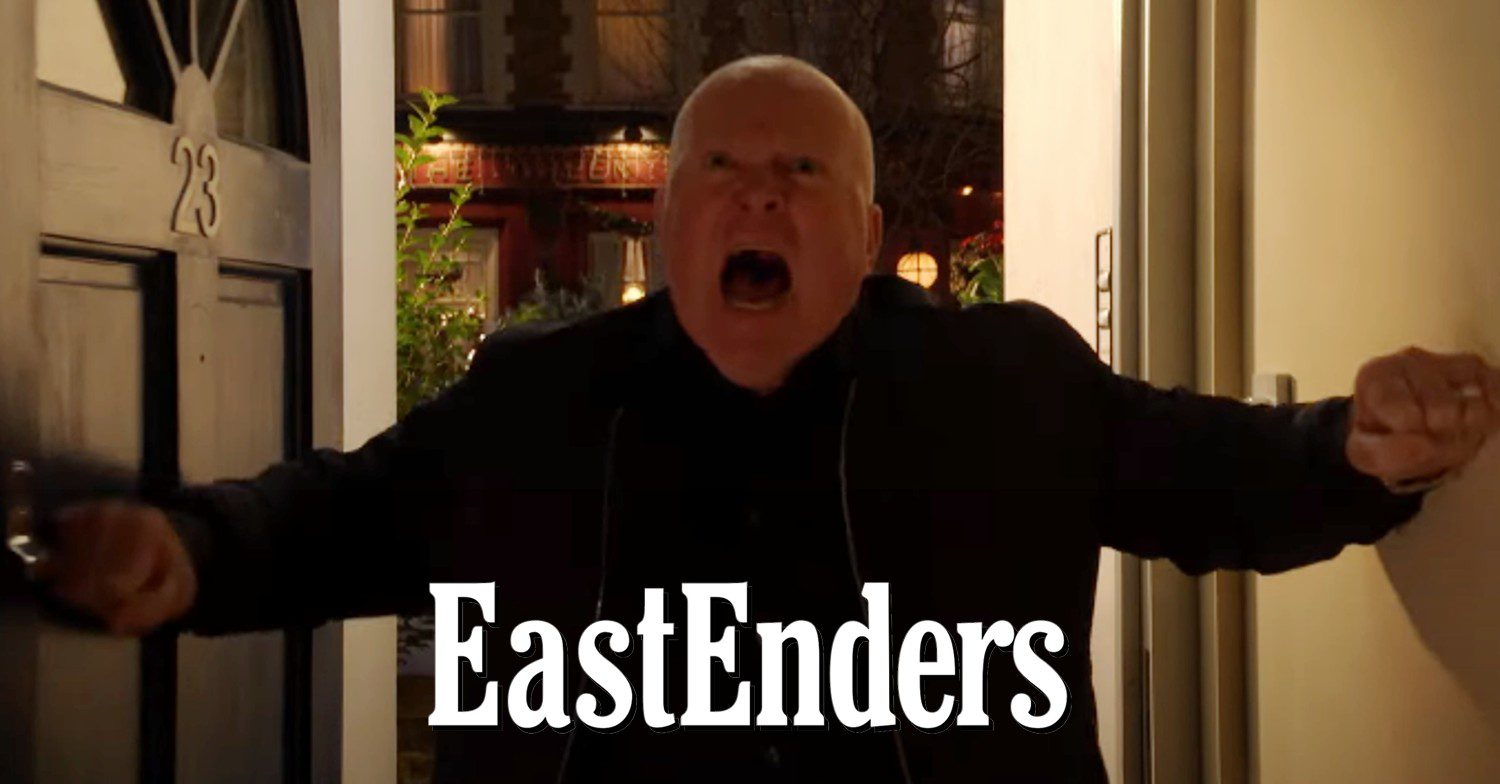 Phil bursting into the Taylors' house on EastEnders; inset, soap logo (Credit: BBC/Composite: ED!)