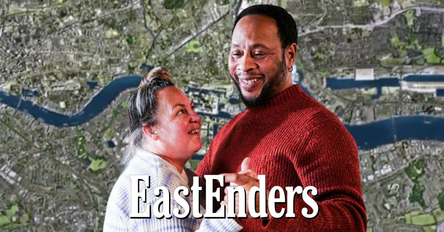 Karen and Mitch holding hands on EastEnders against soap logo and background (Credit: BBC/Composite: ED!)