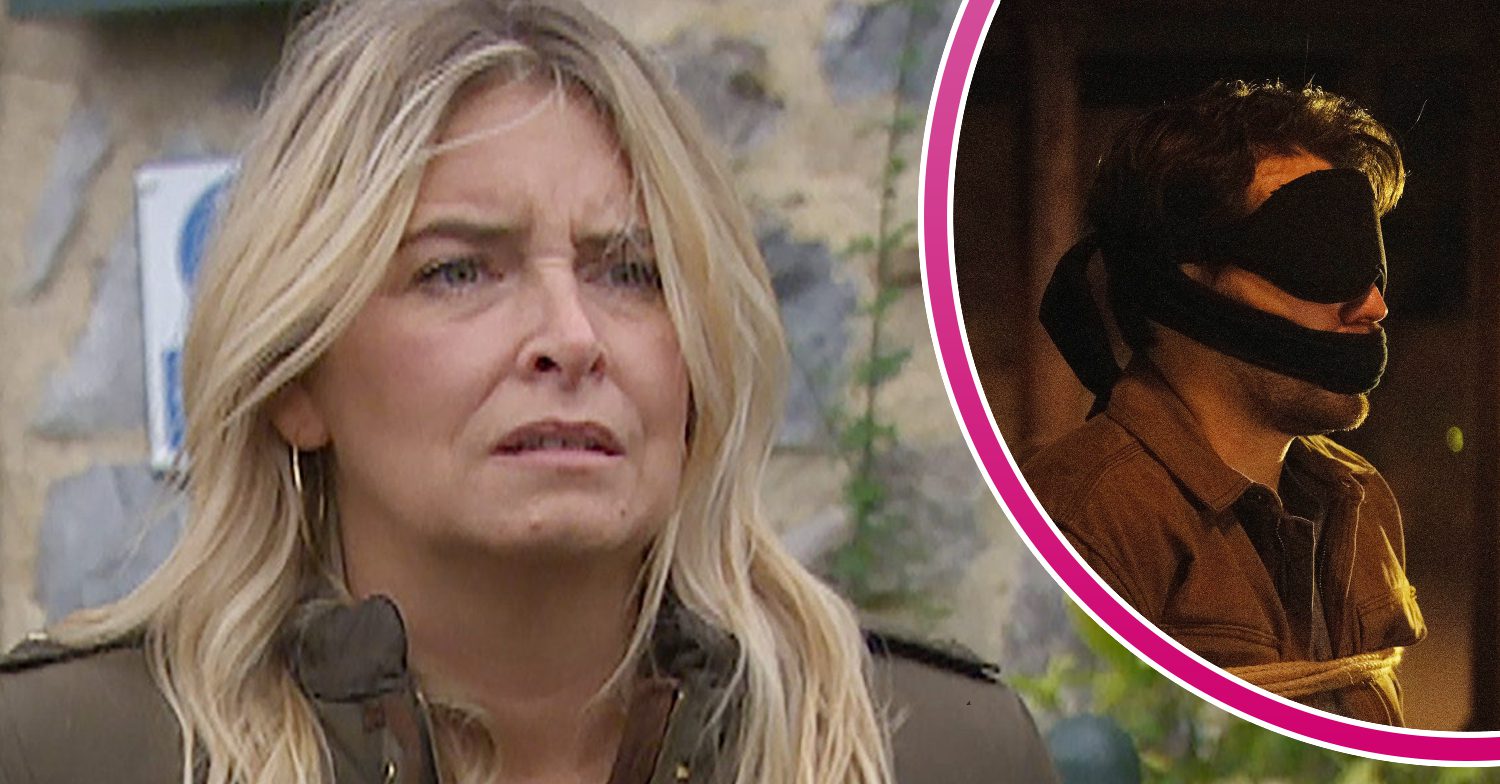 Emmerdale's Charity, and in a bubble is Mack tied up, blindfolded and gagged