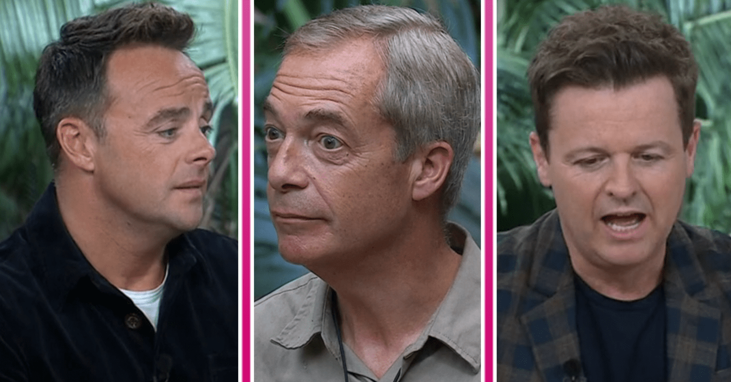 Ant McPartlin, Nigel Farage and Declan Donnelly from I'm A Celebrity