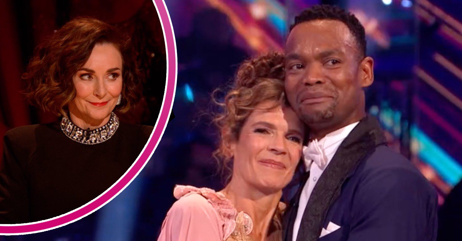 Shirley Ballas looks to the side, Annabel Croft smiles, Johannes Radebe looks emotional