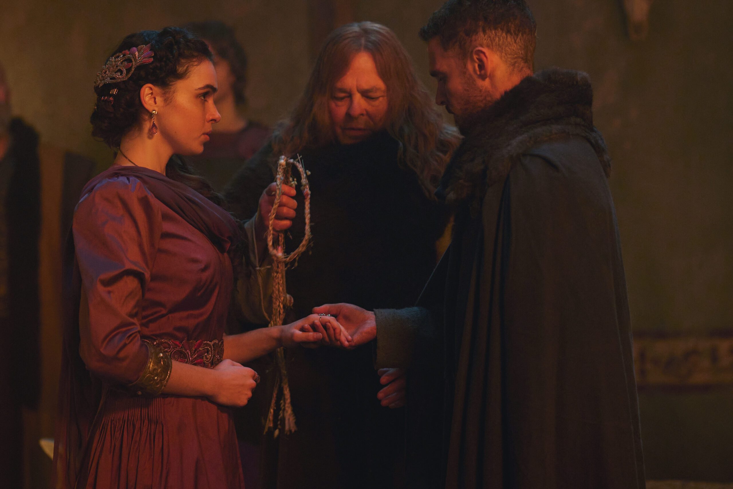 The Winter King cast: Emily John as Ceinwyn and Iain De Caestecker as Arthur