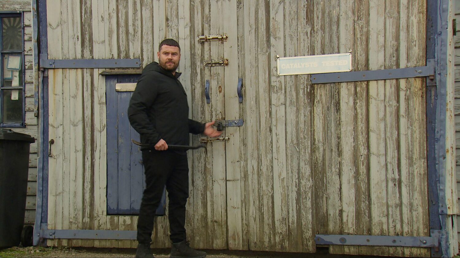 Aaron breaking into the garage on Emmerdale