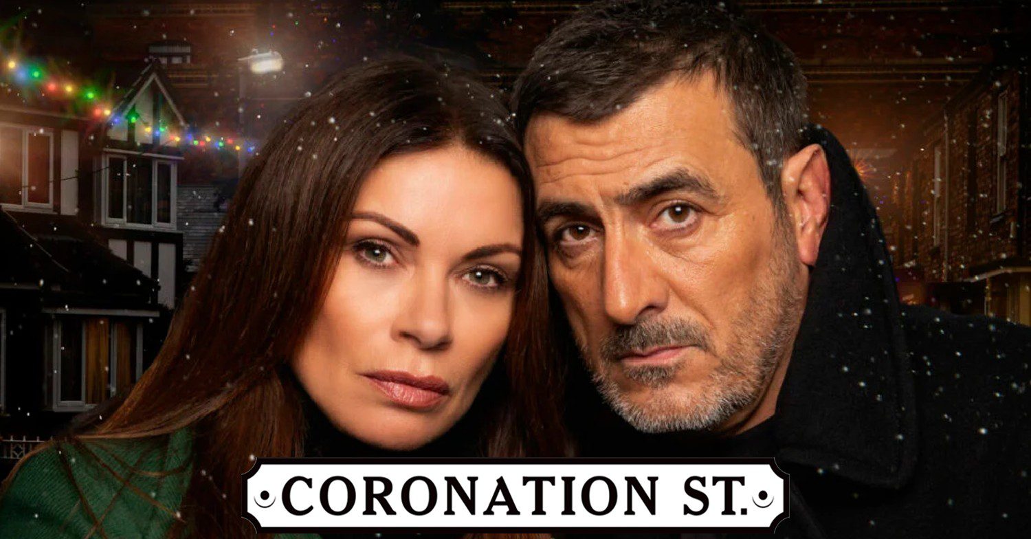 Peter and Carla from Coronation Street in a promo shot looking sad with the show logo. A comp image.