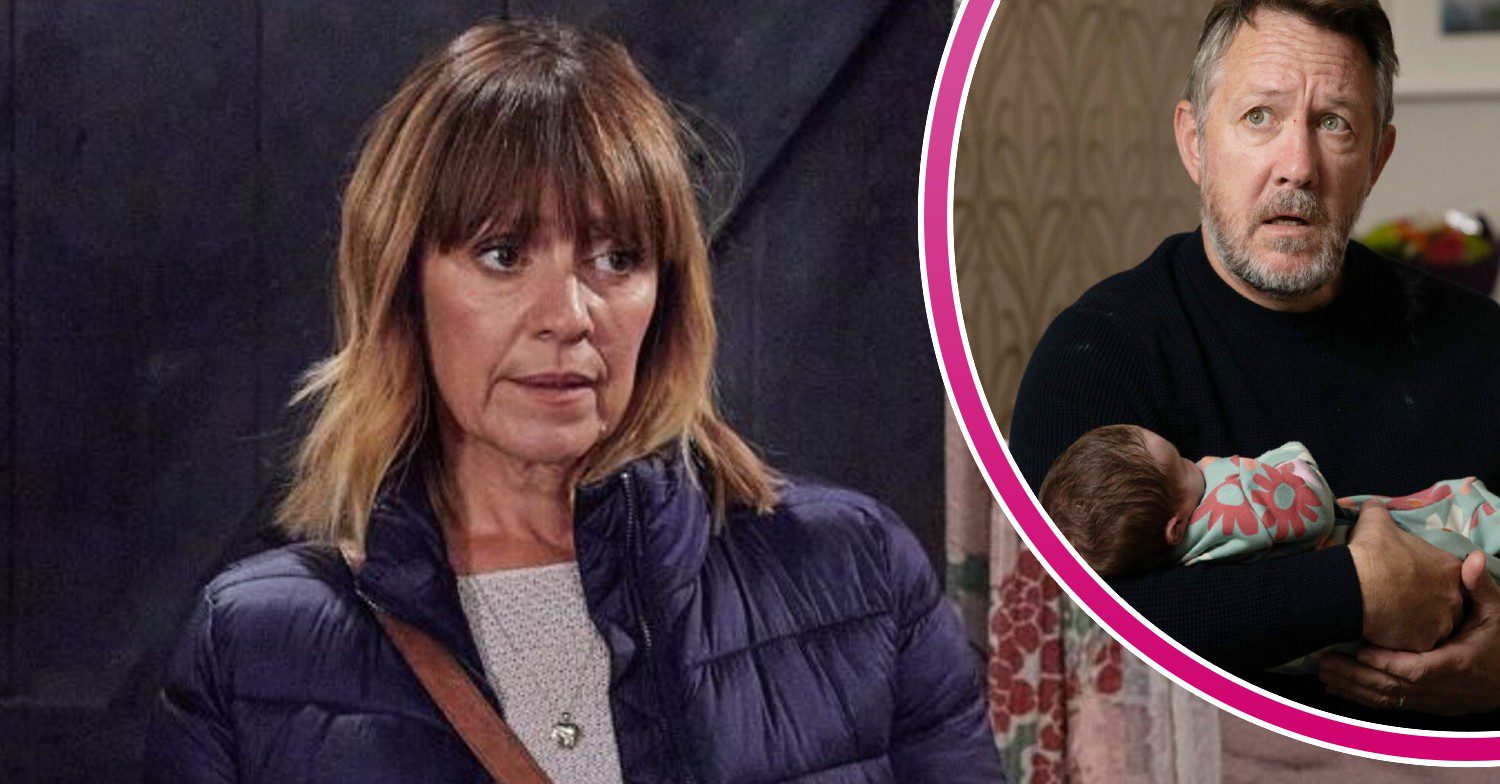 Rhona looks guilty on Emmerdale; inset, Gus holding baby Ivy (Credit: ITV/Composite: ED!)